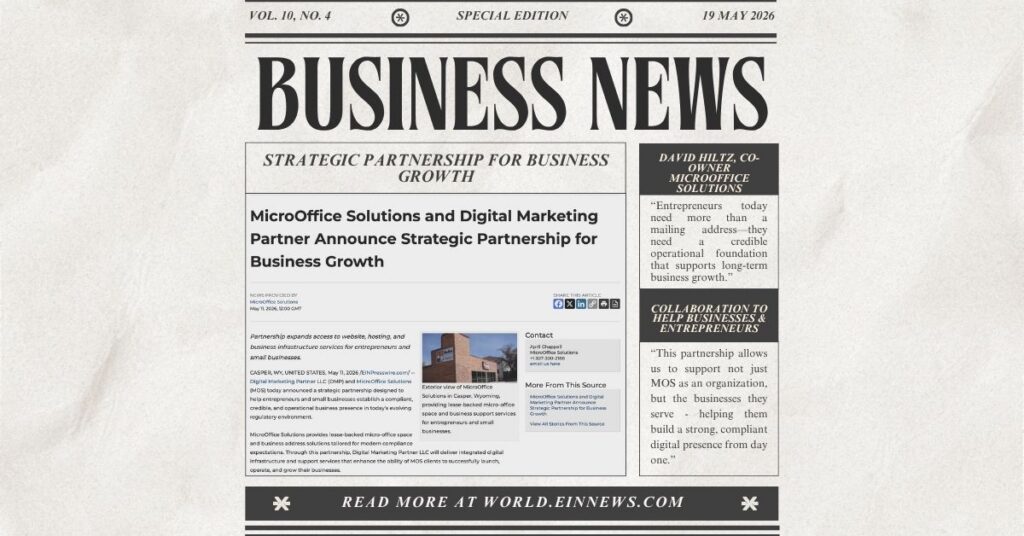 Image of a Business News paper featuring an article about MicroOffice Solutions and Digital Marketing Partner LLC